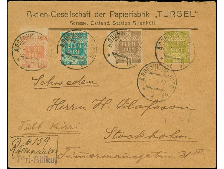 “ALLENKÜLL 3 5 19”, provisional cyrillic cds. on Flower 5-15 kopek amd 35-70 penni, on registered cover with provisional, han