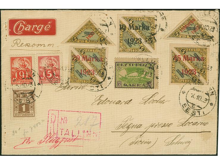 1923, Airmail 10-45 marka, imperforated, together with additional franking, tied by cds. “TALLINN 10 10 23” to registered cov