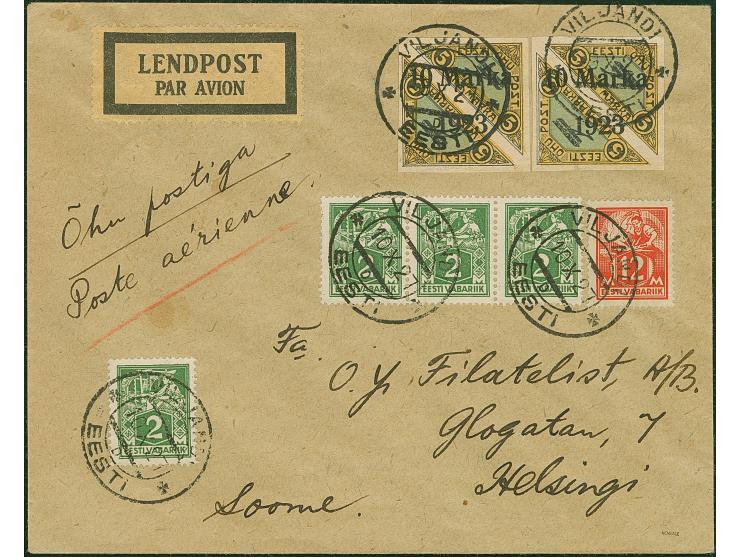 Airmail 10 marka, two imperforated singles with additional franking tied by cds "VILJANDI 10 X 27" to airmail cover to Helsin
