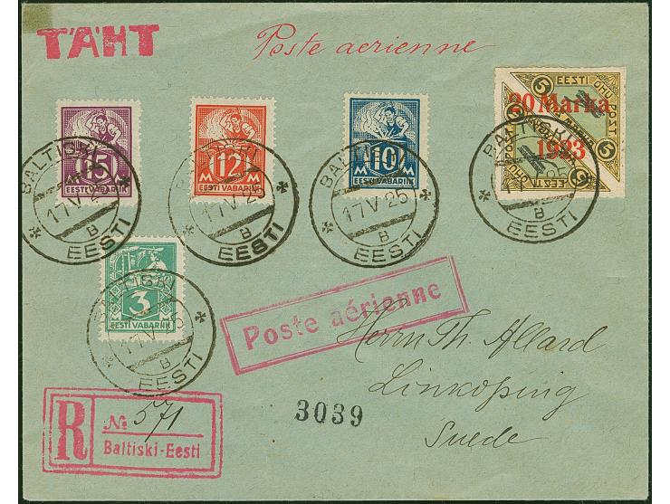 1923, Airmail 20 marka, with postmaster perforation, with additional franking, tied by cds. “BALTISKI 17 V 25” to registered 