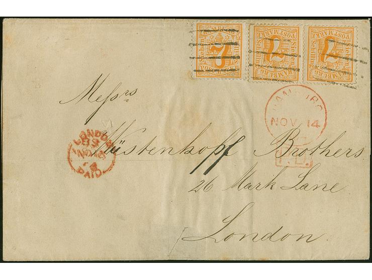 7 Sch. orange, drei Einzelwerte mit jeweils sauber aufgesetztem Strichstempel und nebengesetztem roten “HAMBURG P.D. NOV.14 1