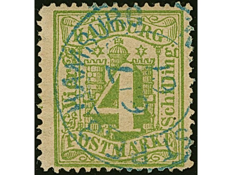 4 Sch. gelbgrün, farbfrisch und gut gezähnt, mit großem Teil des Wasserzeichens 'Turm', sauber entwertet durch blauen Stadtpo