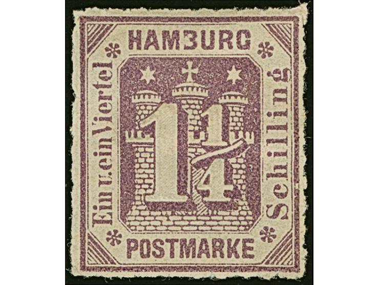 1866, 1¼ Sch. grauviolett mit Plattenfehler “HAM3URG”, ungebraucht, tadellos