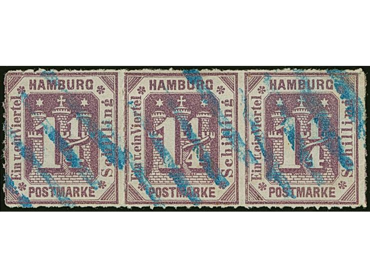 1¼ Sch. graupurpur im waagerechten 3er-Streifen, farbfrisch und gut durchstochen, sauber entwertet durch blauen Strichstempel