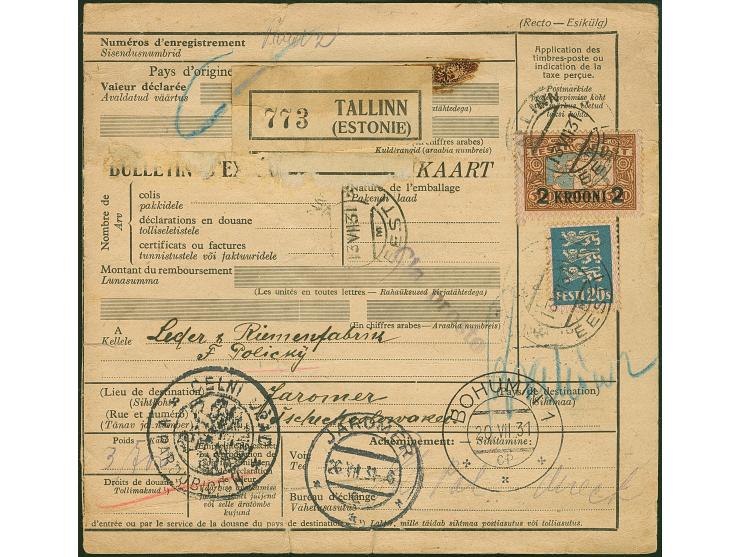 1930, Kroon-Surcharge 2 kroon, &nbsp;with additional franking, tied by cds. "TALLINN 13.VII.31" to parcel card to Czechoslova