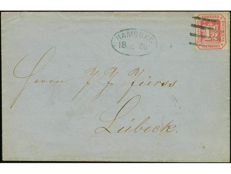 11⁄2 Sch. rosakarmin, farbfrisch und gut durchstochen, mit schwarzem Strichstempel und nebengesetztem Ovalstempel “HAMBURG 18