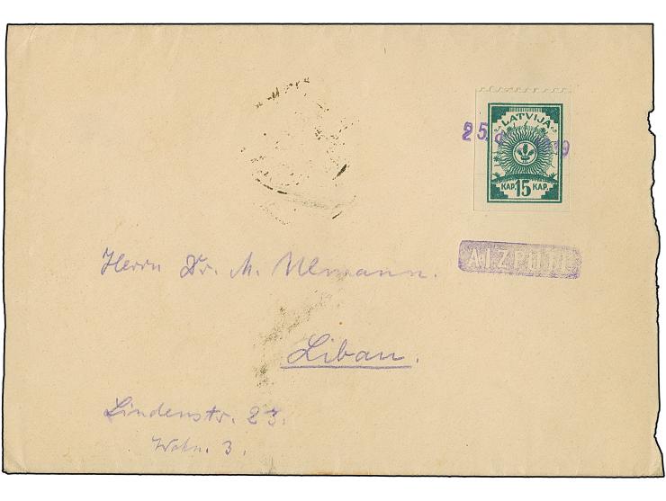 “25. ФЕВ 1919” on Ear of corn 15 kap green on cover to Libau with adjacent negativ-cancel “AIZPUTE”, roughly opened at right,