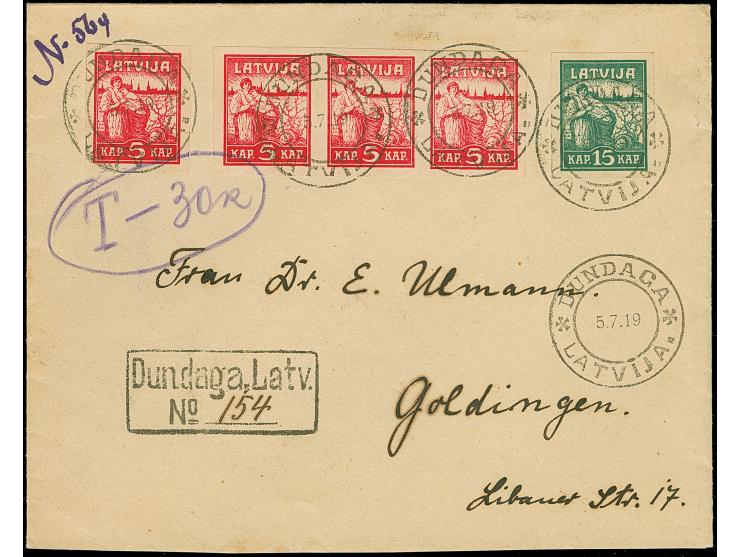 “DUNDAGA 5.7.19” on Liberation of Riga 5 kap red, single and horizontal strip of three and 15 kap green, on registered cover 