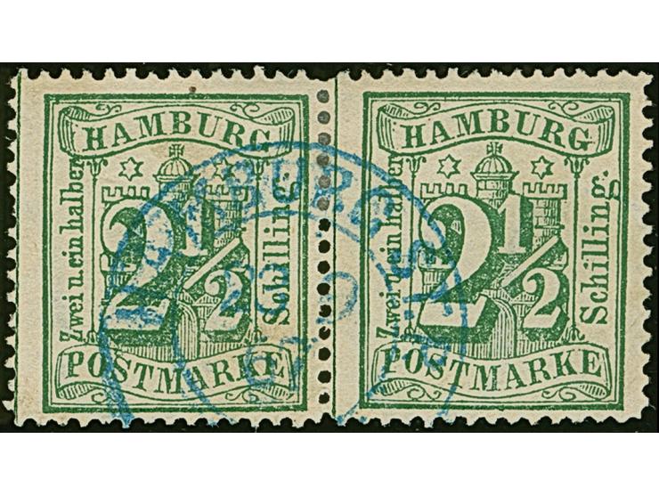 2½ Sch. dunkelolivgrün im waagerechten Paar, sauber entwertet durch blauen DKr. “HAMBURG ST.P. 23 9 67”&nbsp;