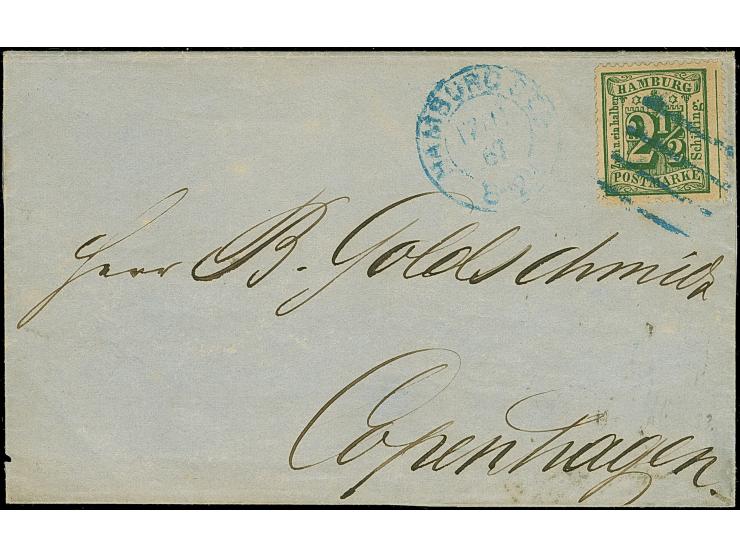 2½ &nbsp;Sch. dunkelolivgrün mit blauem Strichstempel und nebengesetztem DKr. “HAMBURG ST.P. 17/11 67” auf Briefhülle nach Ko