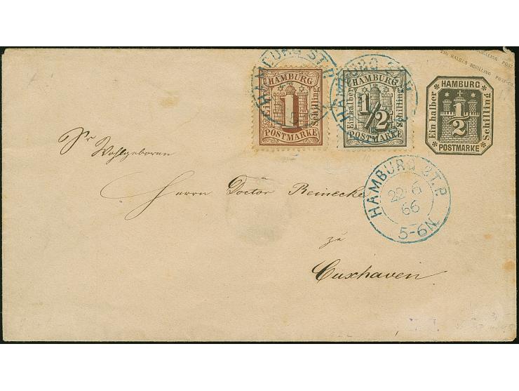 Umschlag ½ Sch. mit Zufrankatur ½ Sch. schwarz und 1 Sch. braun, mit blauem DKr. "HAMBURG ST. P. 22/6 66"nach Cuxhaven, mit A