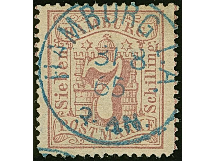 7 Sch. graulila, farbfrisch und gut gezähnt, mit zentrisch und klar aufgesetztem blauen EKr. "HAMBURG I.A. 3/8 65". Dieser St