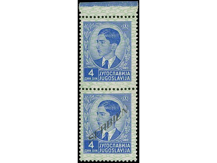 1941, König Peter II. 4 Dinar blau, senkrechtes Oberrand-Paar, die obere Marke ohne Aufdruck “SERBIEN”, sauber ungebraucht mi