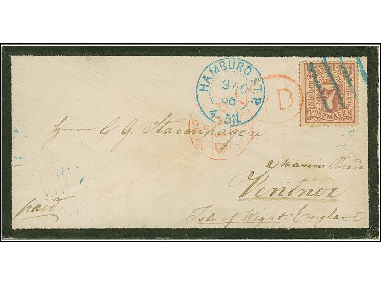 7 Sch. graulila, farbfrisch und gut gezähnt, mit blauem Strichstempel, übergehendem roten "P.D." und nebengesetztem blauen DK