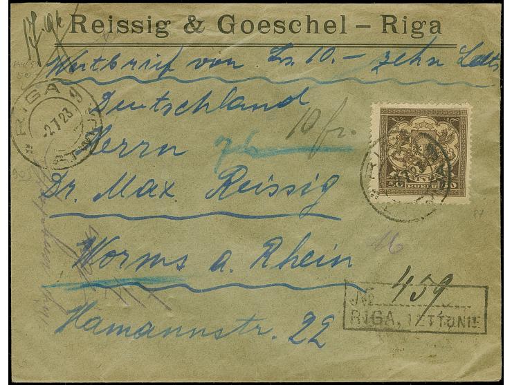 1922, Coat of arms 50 rubel brown, tied by cds. “RIGA -2 7 23” to value declared letter to Worms with arrival mark, reverse w