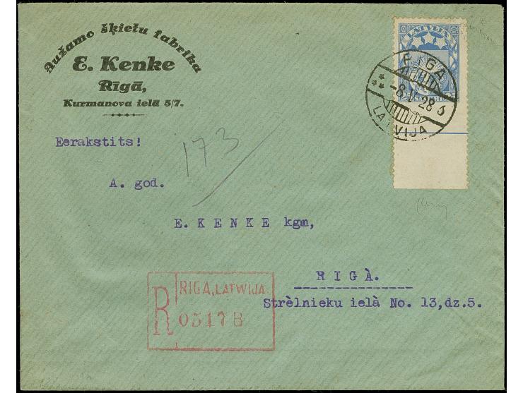 1925, Coat of arms 25 santimi blue, imperforated at bottom with large sheet margin, tied by cds. "RIGA -8.V.28" to registered