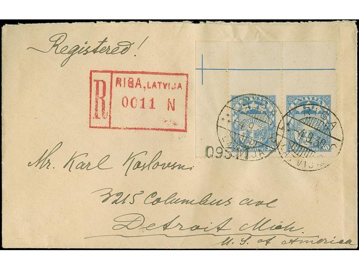 1927, Coat of arms 30 santimi blue, horizontal pair from the upper left sheet margin, imperforated at top, tied by cds. “RIGA