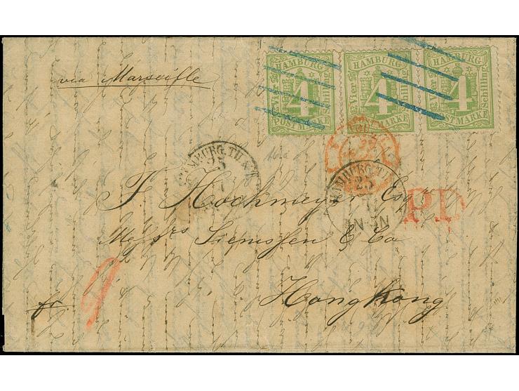 4 Sch. gelbgrün, ein Einzelwert sowie ein waagerechtes Paar, als Streifen geklebt, farbfrisch und gut gezähnt, mit sauber auf