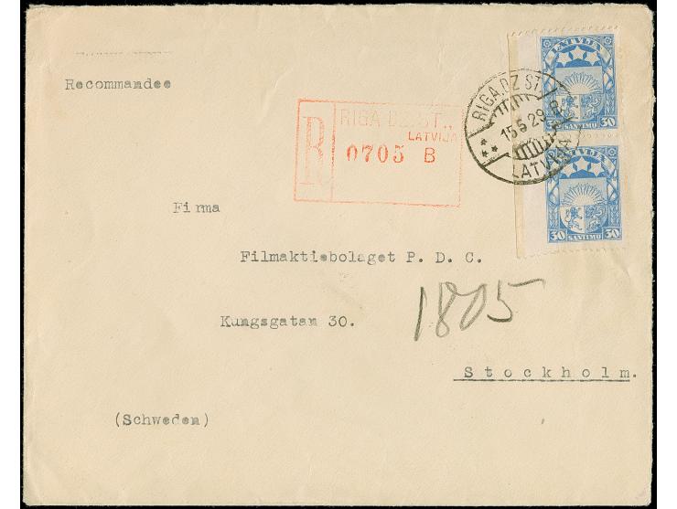 1927, Coat of arms 30 santimi blue, vertical pair with left sheet margin, imperforated at left, tied by cds. “RIGA 15 5 29” t