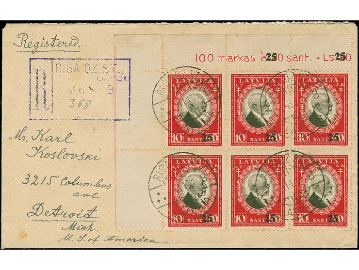 1931, Tuberculosis care 25 santimi, block of six from the upper left sheet corner, tied by cds. “RIGA 4 11 31” to registered 