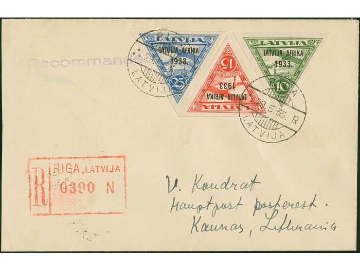 1933, Riga-Bathurst-Flight 10-25 santimi, tied by cds. “RIGA 29.5.35” to registered cover to Kaunas, Lithuania with arrival m