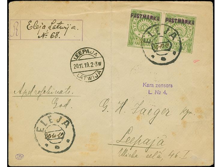1919, Stempelmarka with violet overprint “PASTMARKA” 30 kap green, horizontal pair, tied by cds. “ELEJA” with handwritten dat