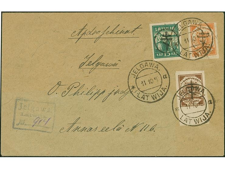 1919, Sun Design 20 and 35 kopek, with additional franking, tied by cds "JELGAWA 11 10 19" to registered local cover, cover s