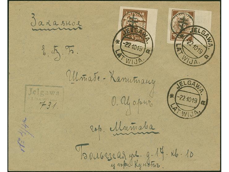 1919, Sun Design and Liberation of Riga 35 kopek each, tied by cds. “JELGAWA 22 10 19” to local registered cover, reverse wit