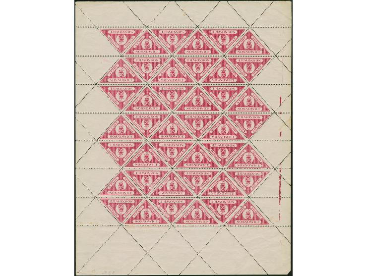 1916, Bestellgeldmarke (3 Kopeken) dunkelrötlichlila, kompletter Druckbogen zu 48 Marken mit 21 Kehrdruckpaaren, mit allen Rä