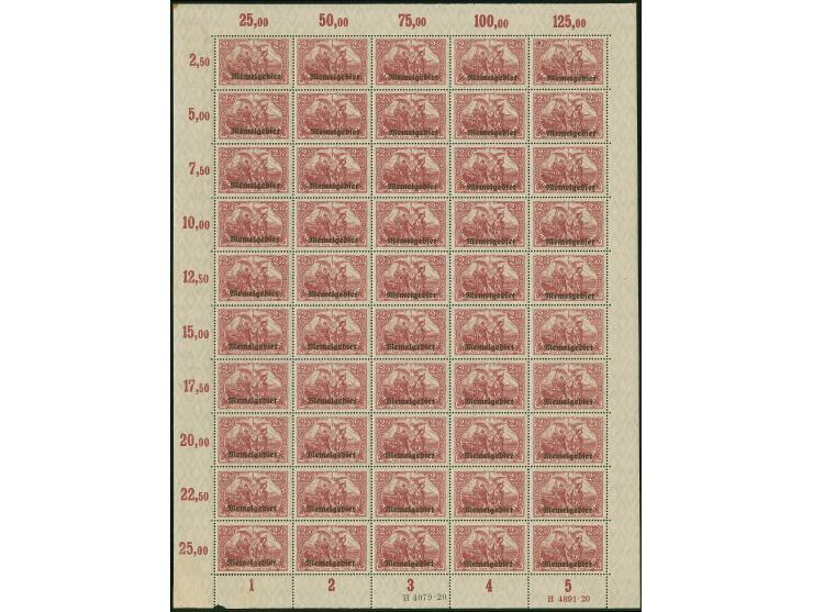 1920, Germania 2,50M. bräunlichlila im kompletten Bogen zu 50 Werten, mit Ur-HAN “H 4891.20” und Aufdruck-HAN “H 4079.20”, po