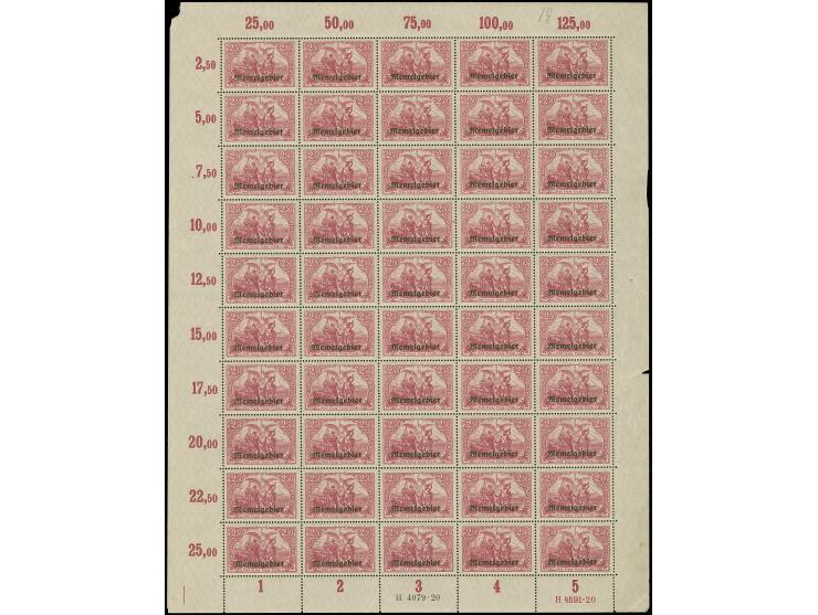 1920, Germania 2,50M. dunkelgraulila im kompletten Bogen zu 50 Werten, mit Ur-HAN “H 4891.20” und Aufdruck-HAN “H 4079.20”, p