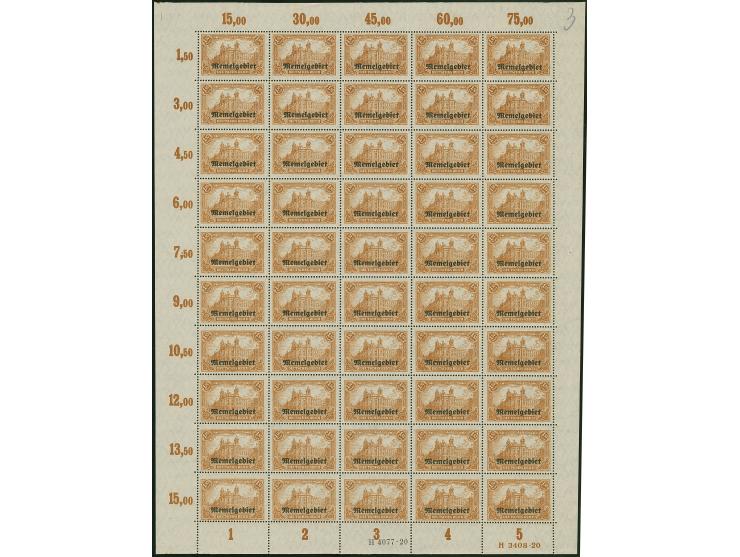 1920, Germania 1,50M. gelbbraun, kompletter Bogen zu 50 Werten, mit Ur-HAN “H 3408.20” und Aufdruck-HAN “H 4077.20”, postfris