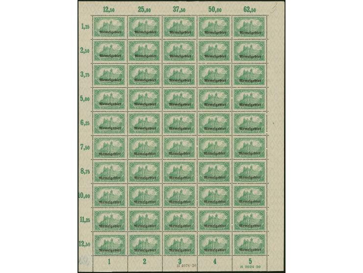 1920, Germania 1,25M. grün, kompletter Bogen zu 50 Werten, mit Ur-HAN “H 2024.20” und Aufdruck-HAN “H 4067.20”, postfrisch bz
