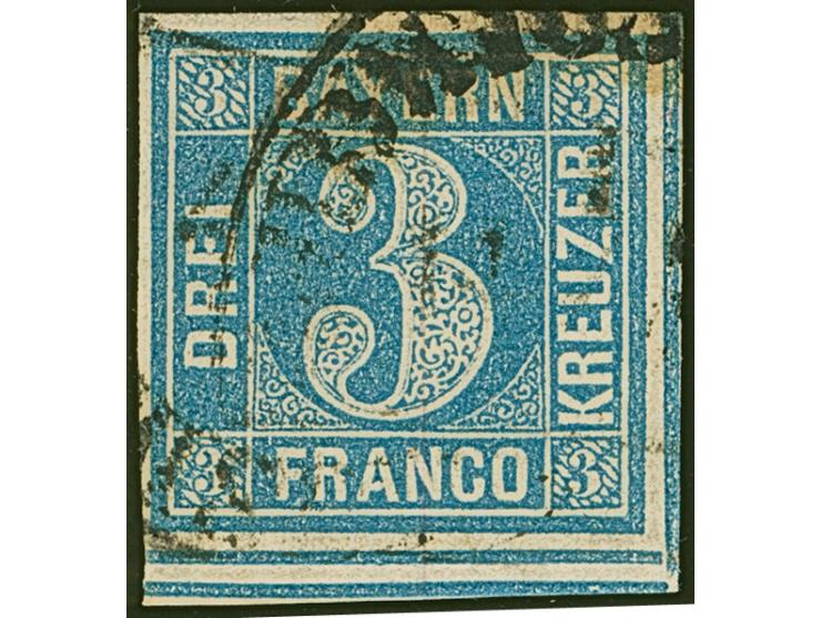 3 Kreuzer blau, farbfrisch und voll- bis meist breitrandig, unten mit doppelter Trennungslinie, leicht entwertet durch Halbkr