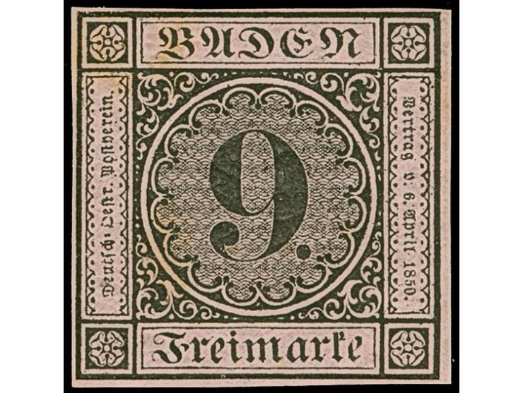 1851, 1. Auflage, 9 Kreuzer auf altrosa, sehr schön farbfrisch und allseits voll-bis breitrandig, ungebraucht mit Originalgum
