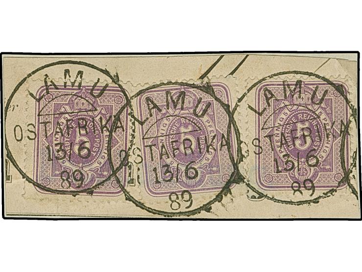 5 Pfg. violettpurpur, 3 Einzelwerte, davon einer mit Plattenfehler 'Querstrich im Kreuz der Krone tiefer stehend', mit jeweil