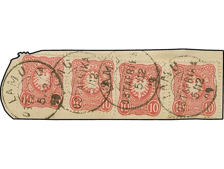 10 Pfg. dunkelrosarot, 4 Einzelwerte, davon einer in verbreitetem Format, mit jeweils klar aufgesetztem "LAMU 5/12 89" auf Le