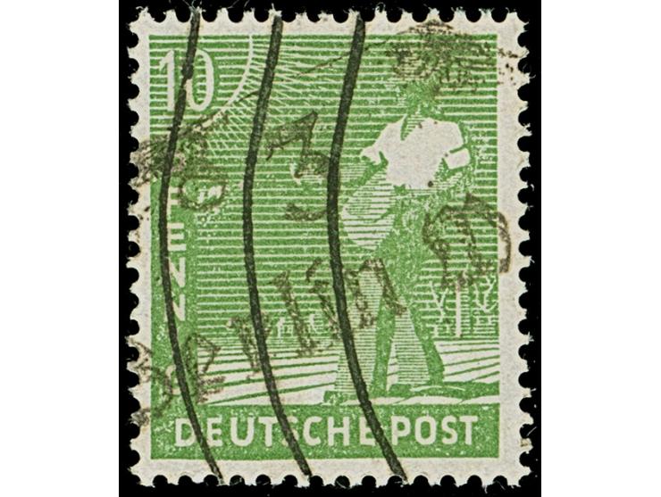 1948, “3/Berlin W 8 a” (Arge 3/5n) auf Arbeiter 10 Pfg., gestempelt mit Fragment eines nicht weiter bestimmbaren Rollstempels