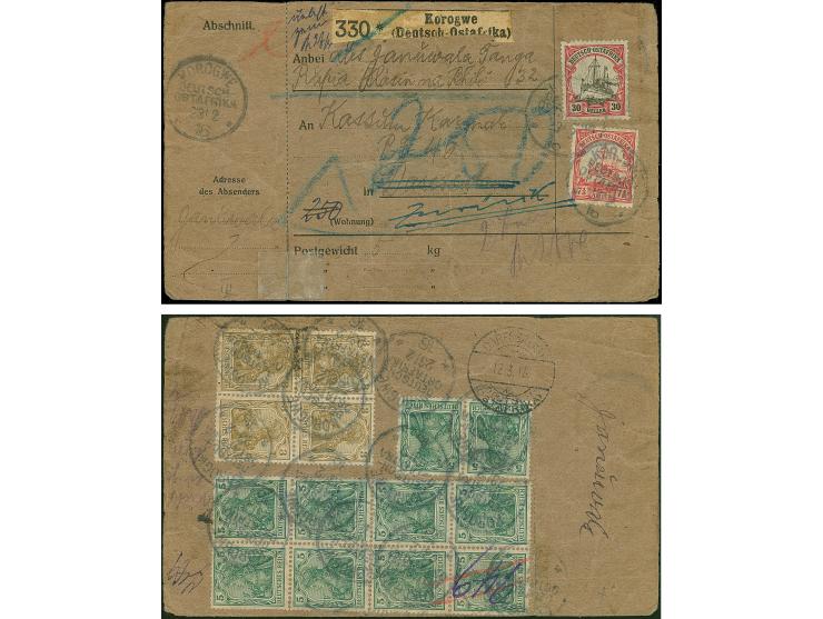 Kreuzer Königsberg: Germania 3 Pfg. im Viererblock, zusammen mit 10 Stück 5 Pfg. In Einheiten, mit sauberen Stempeln "KOROGWE