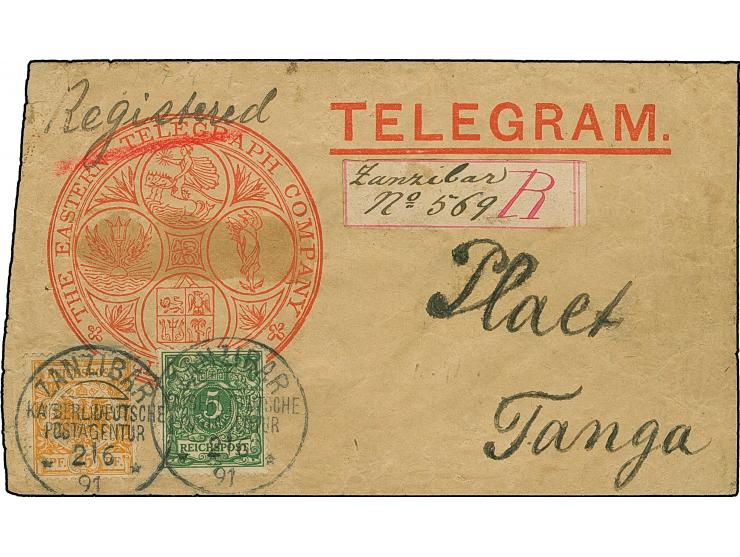 25 Pfg. gelborange und 5 Pfg. grün, mit jeweils sauber und gerade aufgesetztem "ZANZIBAR 2/6 91" auf Telegramm-Kuvert der 'Ea