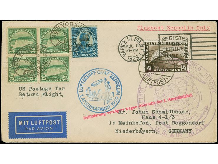 1929, 1. Amerikafahrt, Brief mit Sondermarke 4 M. und Tagesstempel “FRIEDRICHSHAFEN 16.MAI.29” sowie Verzögerungsstempel in R