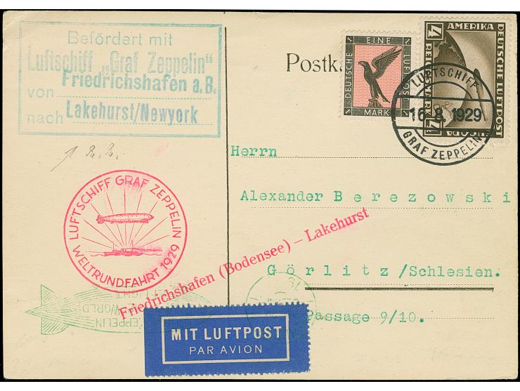 1929, Weltrundfahrt, Etappe Friedrichshafen - Lakehurst, Karte mit Sondermarke 4 M. und Steinadler 1 M. mit Bordpoststempel v