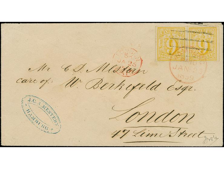 9 Sch. orangegelb, 2 Einzelwerte als Paar geklebt, beide sehr schön farbfrisch und allseits breitrandig, mit 'Duplex'-Entwert