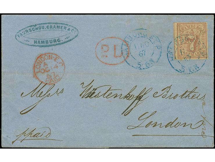 7 Sch. bräunlichlila, voll- bis breitrandig ungezähnt, mit sauber auf- und nebengesetztem blauen DKr. "HAMBURG ST. P. 11/10 6