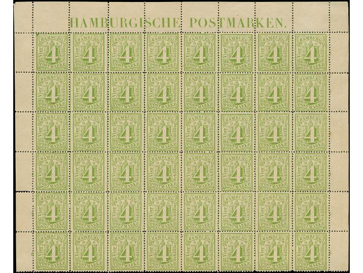 4 Sch. gelbgrün im 48er-Bogenteil, dreiseitig mit Bogenrändern, oben mit vollständiger Randinschrift "HAMBURGISCHE POSTMARKEN