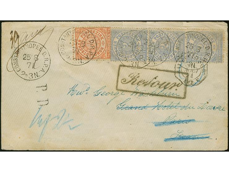 NDP ½ &nbsp;Gr. orange und senkrechter Dreierstreifen 2 Gr. hellgraublau je mit klarem EKr. “CONSTANTINOPEL D.R.P.A. 25.3.71”