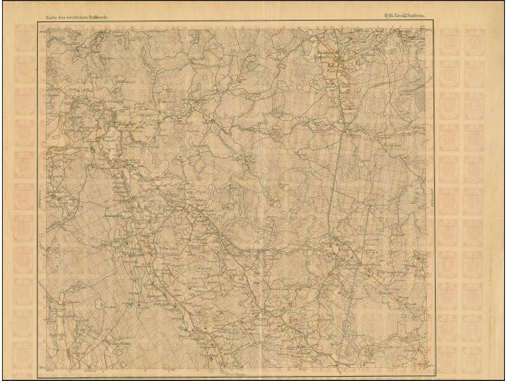 1919, Ear of corn 10 kopek red, imperforated, complete sheet on map Q16 Groß Salwen, mint never hinged, folded once verticall
