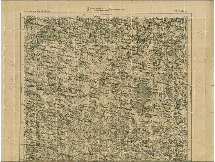 1919, Ear of corn 10 kopek red, perforated, complete sheet on map R19 Uschpol, used with cds. “RIGA -2 1 19”, some minor perf