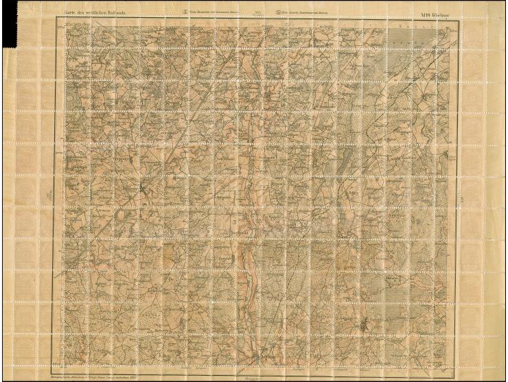 1919, Ear of corn 10 kopek red, perforated, complete sheet on map M19 Kielmy, mint never hinged, some perf separations, small