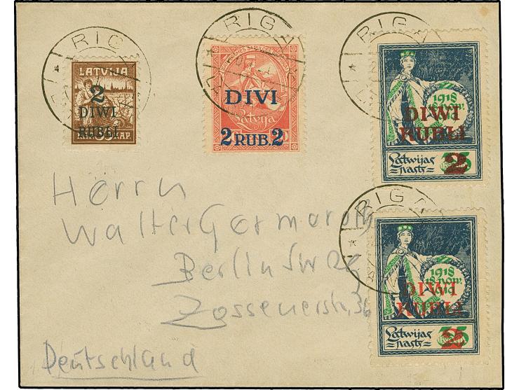 2 rubel with red-orange overprint with additional franking, tied by cds. "RIGA 20 1 21" to cover addressed to Berlin, fine